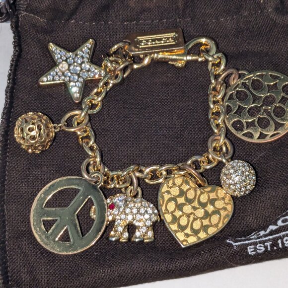 COACH Gold Tone Multi Charm Bracelet, Pouch & Original Box - Picture 2 of 10